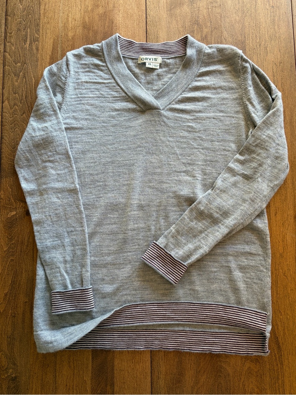 Orvis Gray V-Neck Sweater with Striped Trim